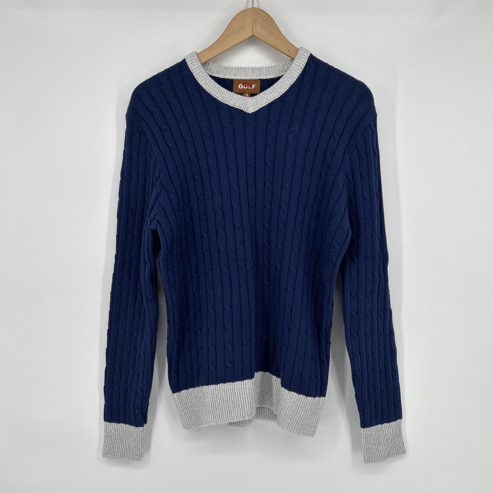 Golf Wang Sweater Men Size S Blue Silver Glitter V Neck Cable Knit Preppy